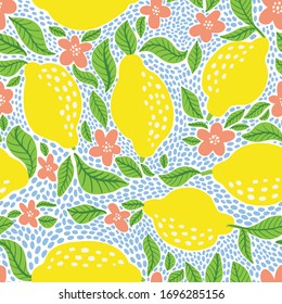 Lemon fruit pattern. Seamless summer citrus pattern with lemons, leaves and blossom flower. Tropical abstract print in bright colors. Vector illustration. Vector bright print for fabric or wallpaper.