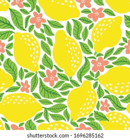 Lemon fruit pattern. Seamless summer citrus pattern with lemons, leaves and blossom flower. Tropical abstract print in bright colors. Vector illustration. Vector bright print for fabric or wallpaper.