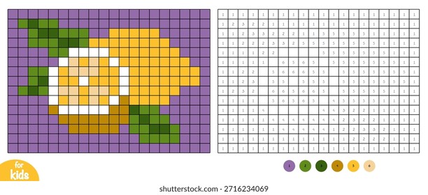 Cor de pixel de fruta de limão por página de número para crianças. Atividade educacional para crianças em pré-escola e jardim de infância para aprender números e cores. Design de grade quadrada simples