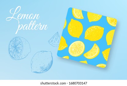 Impresión de fruta de limón, fondo de comida cítrica de verano. Trazado sin fisuras vectorial.