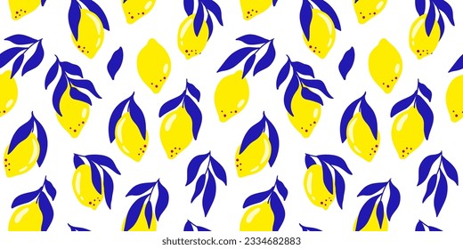 Lemon fruit seamless pattern in abstract contemporary style. Tropical summer fruit of yellow citrus, blue curve leaves, fresh fruit print. Hand drawn vector fabric design, kitchen textile, wallpaper.