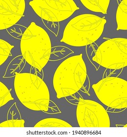 Patrón sin fisuras de limón. Vector de cítricos plano con colores grises y amarillos. Fondo tropical. La fruta repite el fondo. Tela textil, tela, papel de envoltura, papel pintado, raspado