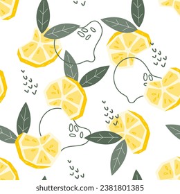 Lemon fruit seamless pattern design in trendy style. Lemon endless pattern texture for food packs, juice or jam, flat vector illustration isolated on a white.