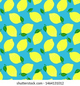 Lemon fruit seamless pattern. Fashion design. Food print for kitchen tablecloth, curtain or dishcloth. Hand drawn doodle wallpaper. Vector citrus sketch background