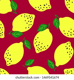 Lemon fruit seamless pattern. Fashion design. Food print for dress, curtain or dishcloth. Hand drawn doodle wallpaper. Vector citrus sketch background