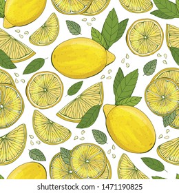 Lemon fruit seamless pattern. Fashion design. Food printing for dress, curtain or kitchen towel. Hand drawn Wallpaper. Vector citrus sketch background. Pattern for textiles, paper, packaging
