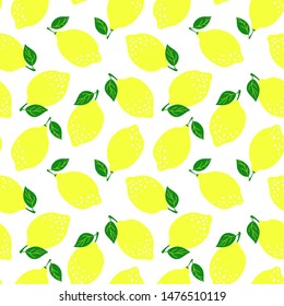 Lemon fruit seamless pattern. Fashion design. Food print for tablecloth, curtain or dishcloth. Vector citrus sketch background. Hand drawn doodle wallpaper