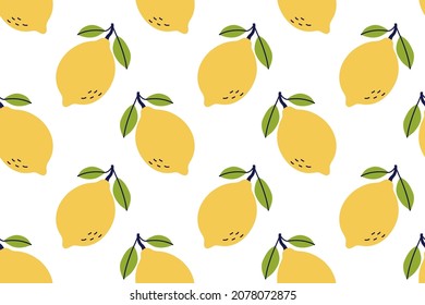 Patrón sin fisuras de limón. Ilustración vectorial dibujada a mano. La comida exótica. Cítricos amarillos con hojas