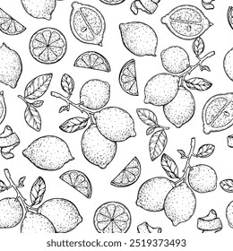 Lemon fruit seamless pattern. Hand drawn vector illustration. Lemon sketch. Design, package, brochure illustration. Lemon fruit illustration. Hand drawn background for packaging design and other.