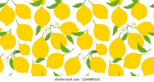 Lemon fruit seamless pattern illustration in modern flat cartoon style. Natural tree branch background with flowers. Citrus food concept, organic juicy fruits backdrop.