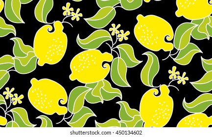 lemon fruit seamless pattern on black background. vector decorative stylized illustration