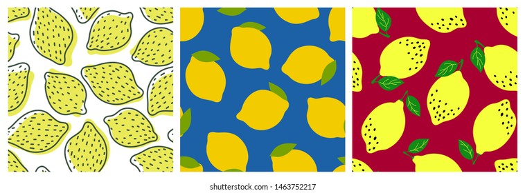 Lemon fruit seamless pattern set. Fashion design. Food print for dress, curtain or dishcloth. Hand drawn doodle wallpaper. Vector citrus sketch background