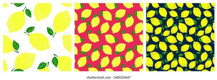 Lemon fruit seamless pattern set. Fashion clothing design. Food print for dress, skirt, linens or curtain. Hand drawn vector sketch background collection