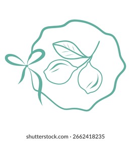 Lemon Fruit Sketch, Citrus Line Drawing in Ribbon Frame, Lemon Badge with Leaves, Hand drawn card