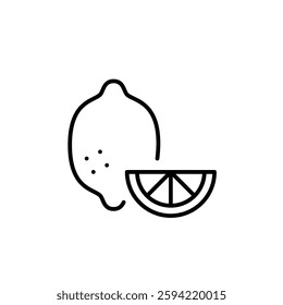 Lemon fruit with slice. Fresh green eating, vegan friendly food. Vitamin C and flavoured drinks. Pixel perfect, editable stroke vector icon
