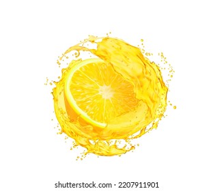 Lemon fruit slice with juice splash. Isolated juicy lemonade drink twirl falling droplets or vitamin beverage whirl with splatters. Summer refreshing drink, fresh lemon juice realistic vector splash