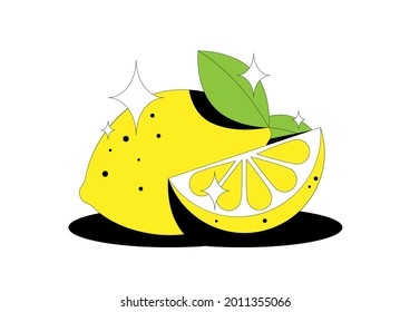 Lemon fruit. Сut slice and leaves of citrus lemon fruit isolated on white background. For packaging design, advertising, cover, print. Vector illustration.