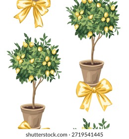 Lemon fruit tree, yellow bow seamless pattern. Summer print.	