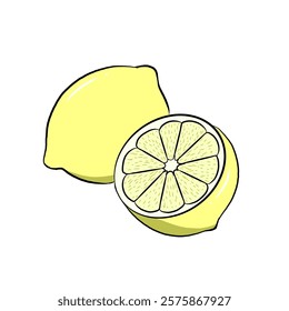 Lemon fruit vector illustration in cartoon style. whole and split fruit. Healthy fruit, vegetarian products.