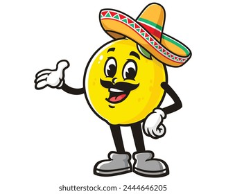 Lemon fruit wearing sombrero cartoon mascot illustration character vector clip art hand drawn