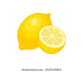 Lemon fruit whole and half isolated on white. Vector cartoon illustration of fresh citrus.