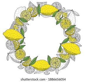 Lemon fruit wreath hand drawn, isolated. Beautiful round frame with citrus, with place for text, lettering. Vector illustration.