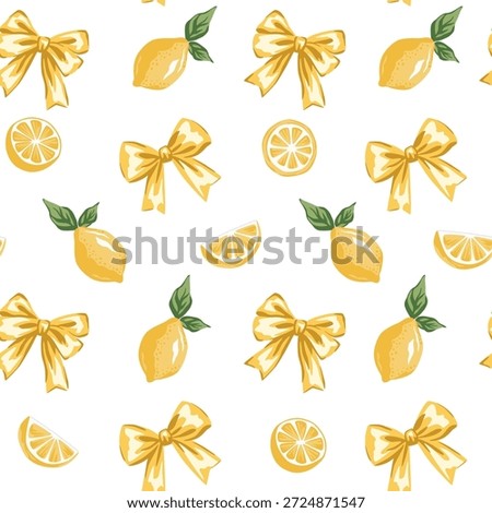 Lemon fruit, yellow bow seamless pattern. Summer print.	