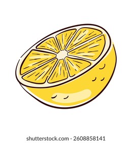 Lemon fruit yellow half in flat style. Hand drawn illustration design for menu, package, cosmetic, textile isolated on a white background.