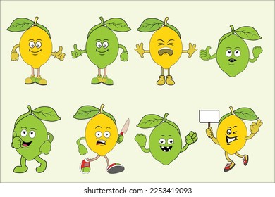 Lemon Fruite expression vector pack,Funny cartoon fruits face, Summer fruit characters vector pack isolated on white.