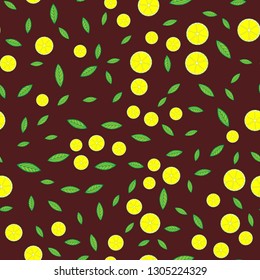 Lemon fruits background leaves, lemon slice. Seamless floral pattern on a dark background. Fresh lemon fruits. Hand-drawnd. Vector illustration.