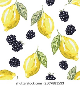 Lemon fruits, blackberry, green leaves, white background. Vector illustration. Seamless pattern. Summer design