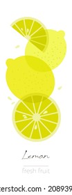 Lemon Fruits. Flat illustration. Beautiful transparent whole and cut fruits.