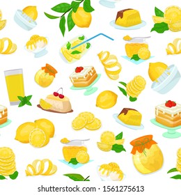 Lemon fruits food sweets desserts pattern flat style vector illustration. Yellow lemony citrus cakes, jam, ice cream with citric syrop, slices and leaves, juice, lemonade.