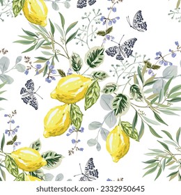 Lemon fruits,  green leaves, butterflies, white background. Floral illustration. Vector seamless pattern. Botanical design. Nature summer garden plants. Romantic arrangement