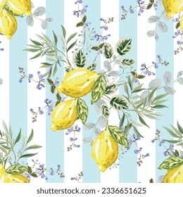 Lemon fruits,  green leaves, striped background. Floral illustration. Vector seamless pattern. Botanical design. Nature summer garden plants. Romantic italian arrangement