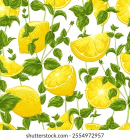 Lemon fruits, mint leaves seamless pattern. Vector bright fabric print, wallpaper design, elegant texture on white background. Packaging design. Citrus fresh ornament for bar, textile, wrapping