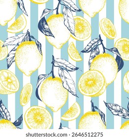 Lemon fruits on blue stripe background traditional design. Mediterranean Amalfi Coast pattern. Backdrop for wrapping paper, wallpaper, fabric, textile. Vector illustration.