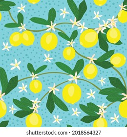 Frutas de limón en el árbol con hojas verdes y fondo azul con flores de limón para tela y otras huellas digitales. Patrón de superficie sin brillo para cualquier vestido y otros usos 
