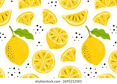 Lemon Fruits Pattern on White Background. Seamless Citrus Vector Illustration, Wrapping and Packaging Design, Hero Image