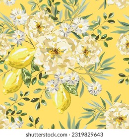 Lemon fruits, roses, green leaves, daisy flowers bouquets, yellow background. Vector illustration. Seamless pattern. Summer design