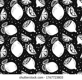 Lemon fruits. Lemon seamless pattern. Chalkboard drawing texture. Lemonade drink, mint leaves, bubbles. Fruit Soda. Summer print.
