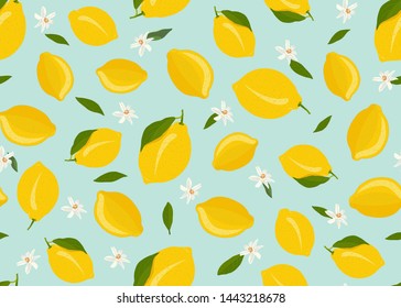 Lemon fruits seamless pattern with flower and leaves on green background. citrus fruits vector illustration.