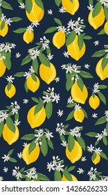 Lemon fruits seamless pattern with flowers and leaves on black background. citrus fruits vector illustration.