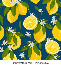 Lemon fruits seamless pattern with flowers and leaves blue background. citrus fruits vector illustration.