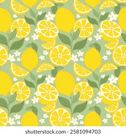 Lemon Fruits Seamless Pattern. Fresh citrus with lemon flowers, leaves, half cut lemons and lemon slices for fabrics, wallpaper, prints, juice products.