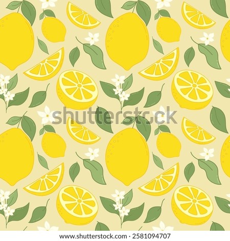 Lemon Fruits Seamless Pattern. Fresh citrus with lemon flowers, leaves, half cut lemons and lemon slices for fabrics, wallpaper, prints, juice products.