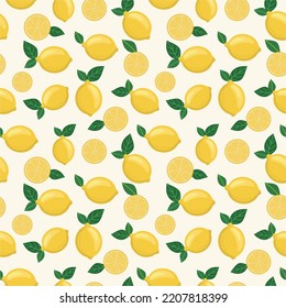 Lemon fruits seamless pattern with green leaf on white background