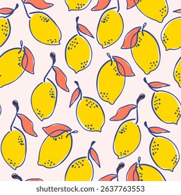Lemon Fruits Seamless Pattern Hand Drawn Style. Citrus Colorful Boho Ornament. Trendy Contemporary Design Perfect for Fabric, Prints, Social Media, Textile, Invitations, Fabric, Design. Vector. Not AI