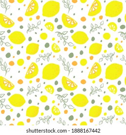 Lemon fruits seamless pattern in hand-drawn style. Vector repeat background for colorful summer fabric. Colorful vector wallpaper. Decorative illustration, good for printing.