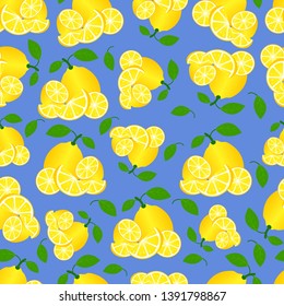 Lemon fruits with seamless pattern on blue background. Summer tropical fruit pattern design. Elements for greeting cards, wrapping paper, cosmetics packaging, posters etc - Vector